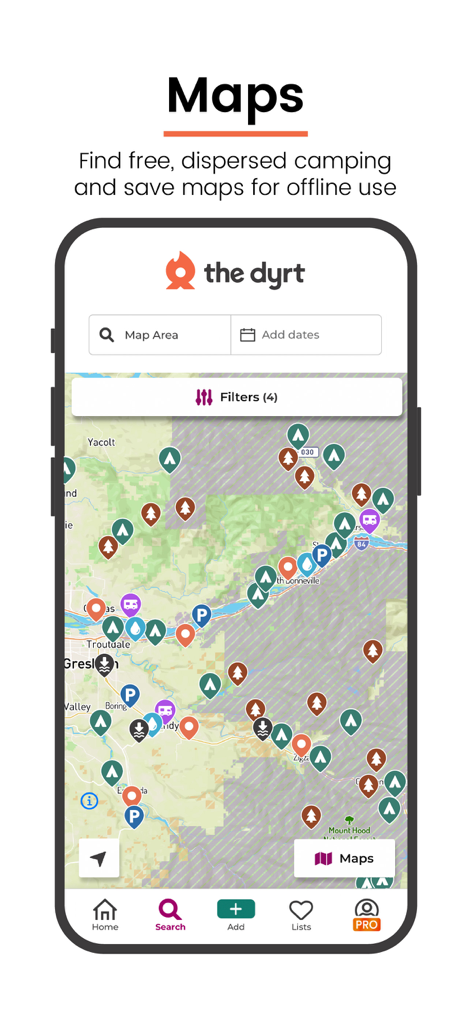 The Dyrt app interface showing an interactive map with camping and RV site icons and offline map features
