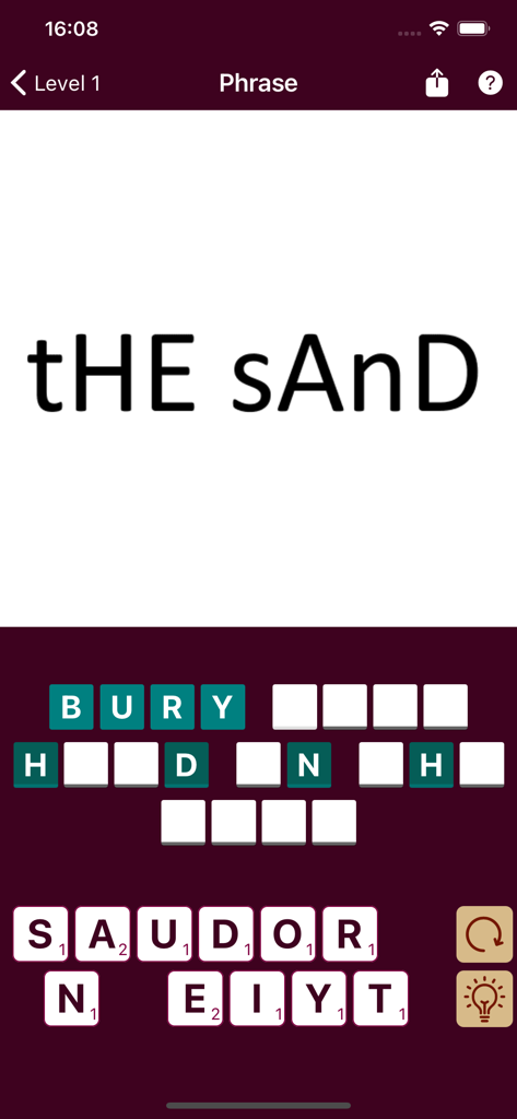 Dingbats - Between the lines - Dingbats game screen showing a visual word puzzle for the idiom bury your head in the sand