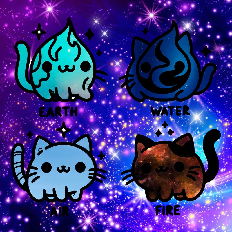 4 cats that represent the different elements, earth, water, air, and fire