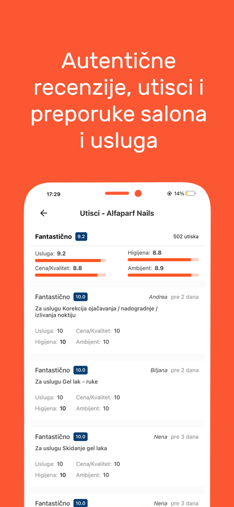 SrediMe app interface showing authentic user reviews and ratings for a beauty salon