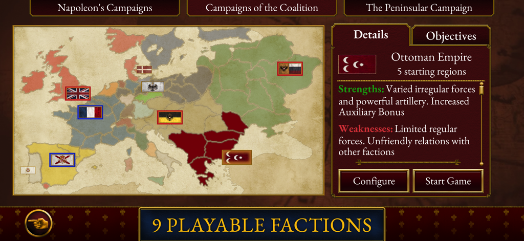 Faction selection screen in Total War Napoleon mobile showing a map of Europe and Ottoman Empire details