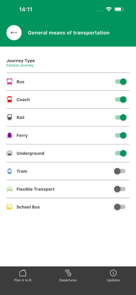 A menu in the Traveline South West app titled General means of transportation showing toggle switches for various transport modes including bus rail ferry and underground.