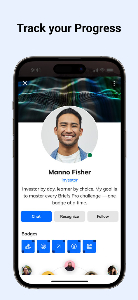 Briefs Finance - Briefs Finance app user profile screen showing investor bio and earned achievement badges