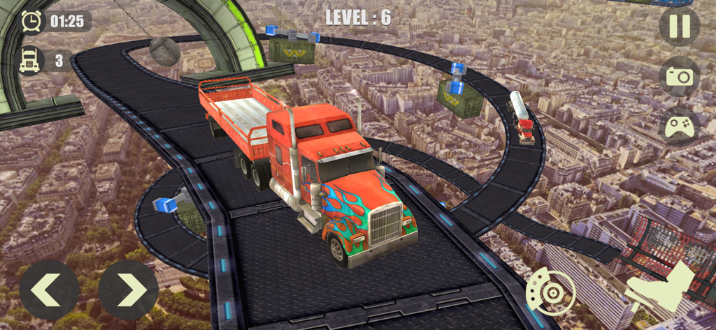 Heavy Truck Impossible Tracks - Red truck performing stunts on sky high tracks above a city landscape