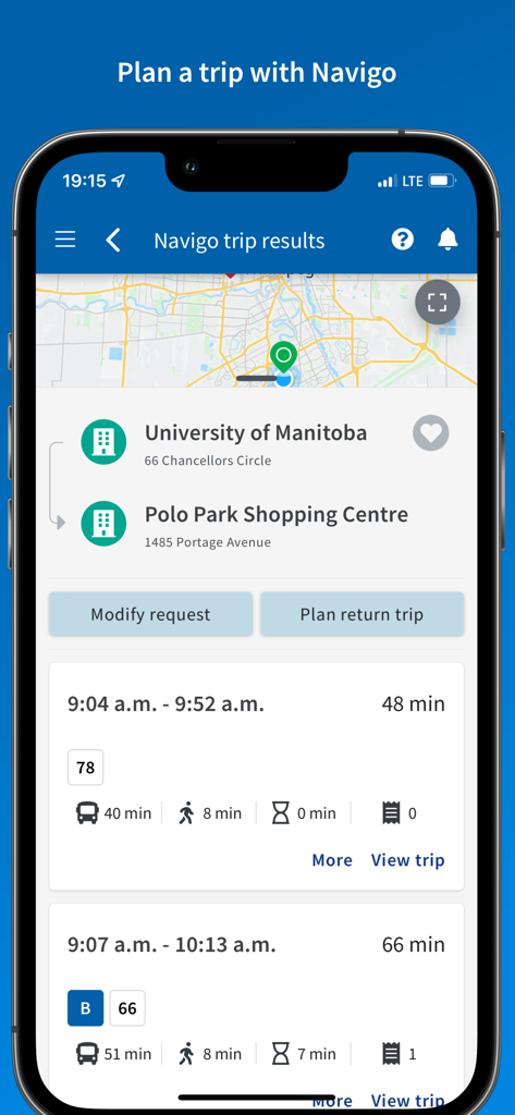Winnipeg Transit - Winnipeg Transit Navigo trip results screen showing route options between University of Manitoba and Polo Park