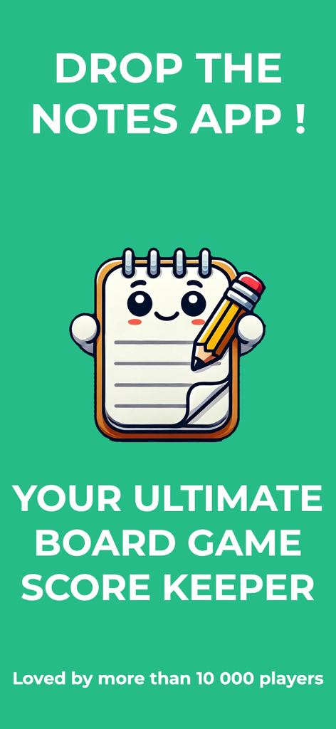 Promotional banner for Scory the board game score keeper app featuring a cartoon notepad character.