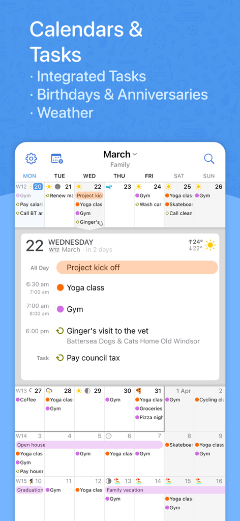 BusyCal mobile app interface showing calendar events tasks and weather integration