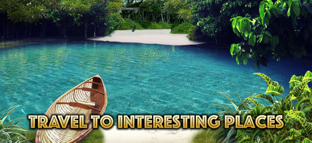 The Lost Treasure - A serene tropical cove with a wooden boat on the shore and clear blue water