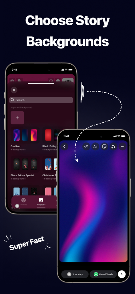 StoryFont for Instagram Story - Uma exibição de opções de fundo estéticas para stories de redes sociais na interface do aplicativo StoryFont