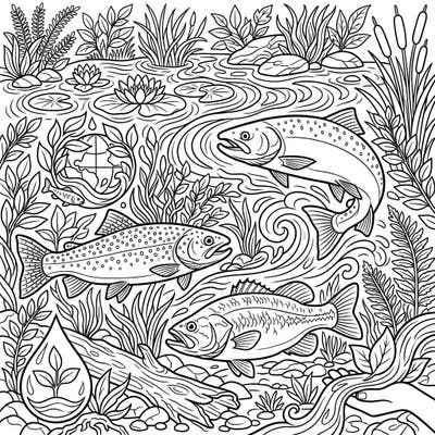 Explore the wonders of freshwater ecosystems with this engaging coloring page, featuring majestic trout, salmon, and bass. Perfect for Earth Day, it subtly promotes environmental awareness while offering a relaxing creative activity.
