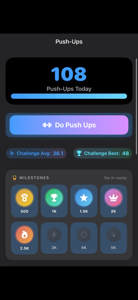 NextRep Challenge - Fitness app interface displaying pushup count today and achievement milestones