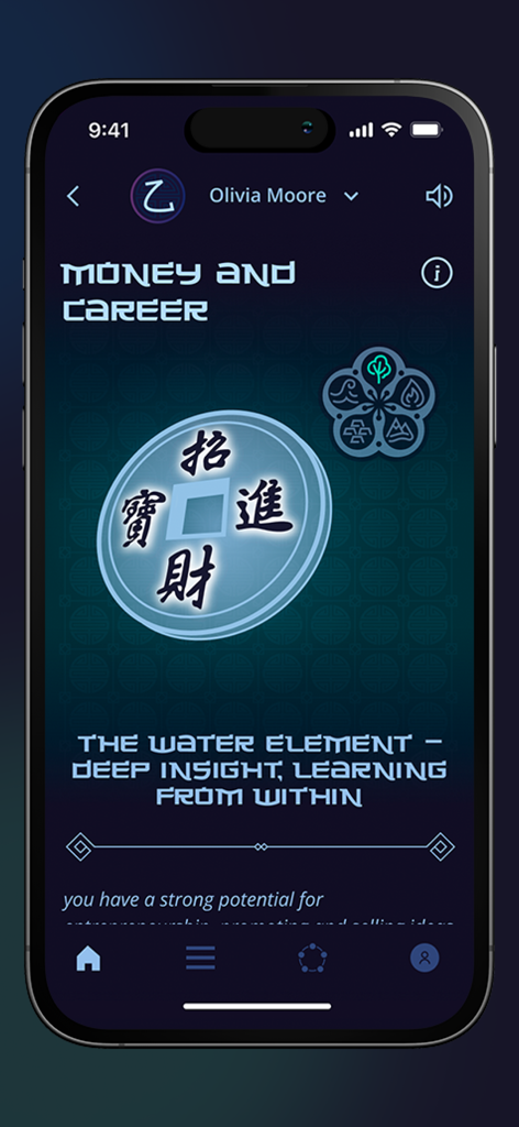 TSI Bazi astrology mobile app showing money and career guidance based on the water element.