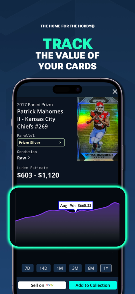 LUDEX Sports Card Scanner +TCG - L'interface de l'application LUDEX montrant une estimation de la valeur marchande d'une carte de sport et un graphique des tendances de prix historiques pour une carte de Patrick Mahomes.