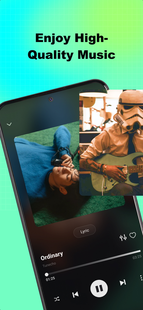 Interfaccia dell'app Tunecho che mostra una schermata di riproduzione musicale di alta qualità con copertina dell'album e controlli audio