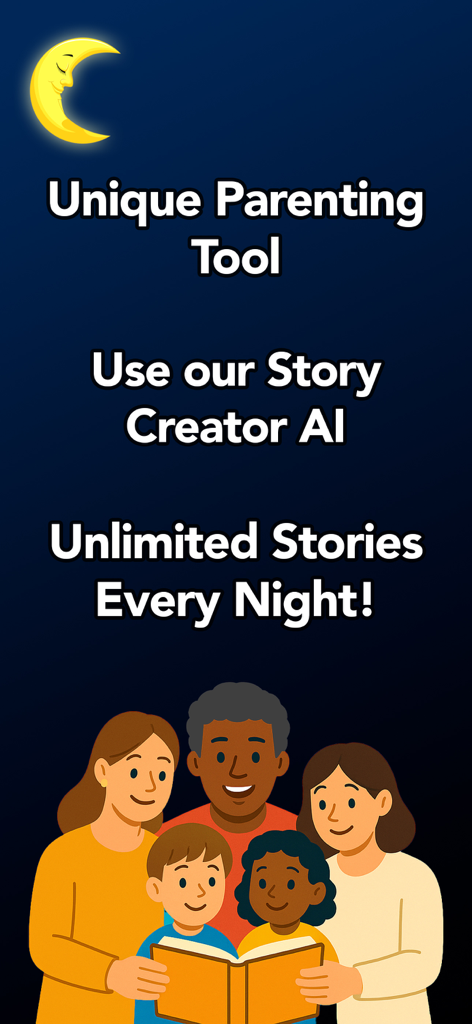 Bedtime Stories - StoryBook AI - A family reading a book together under a crescent moon with text promoting an AI bedtime story creator for parents.