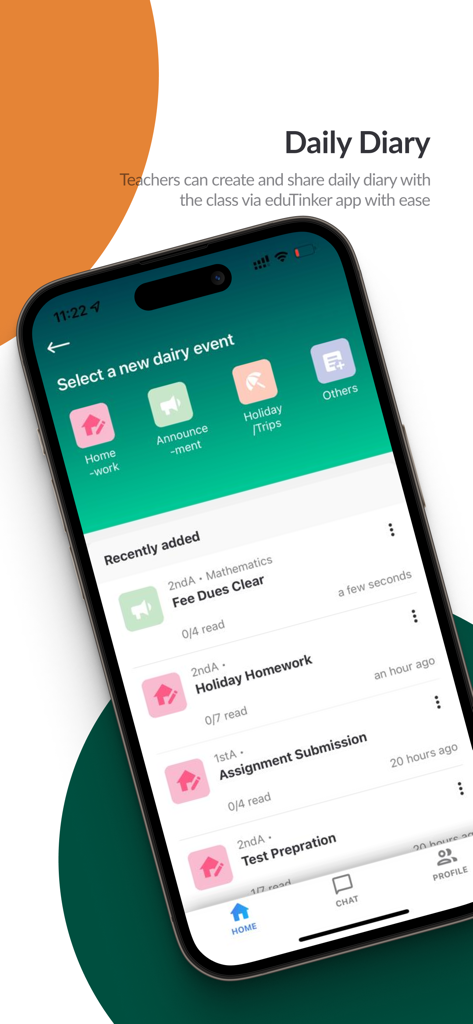 eduTinker: Your Institute App - Captura de pantalla de la función 'Diario Escolar' de la aplicación eduTinker que muestra opciones para tareas, anuncios y eventos escolares.