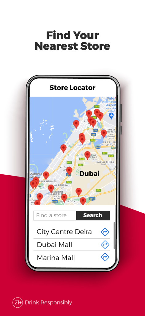 A mobile phone displaying the store locator feature of the African and Eastern UAE app with a map of Dubai and store location pins