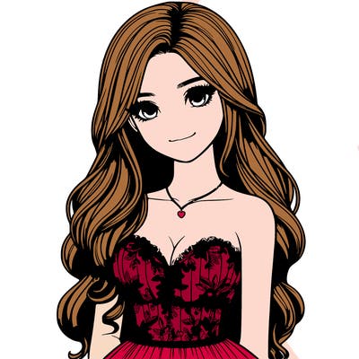 realistic girl with long hair and pretty prom dress