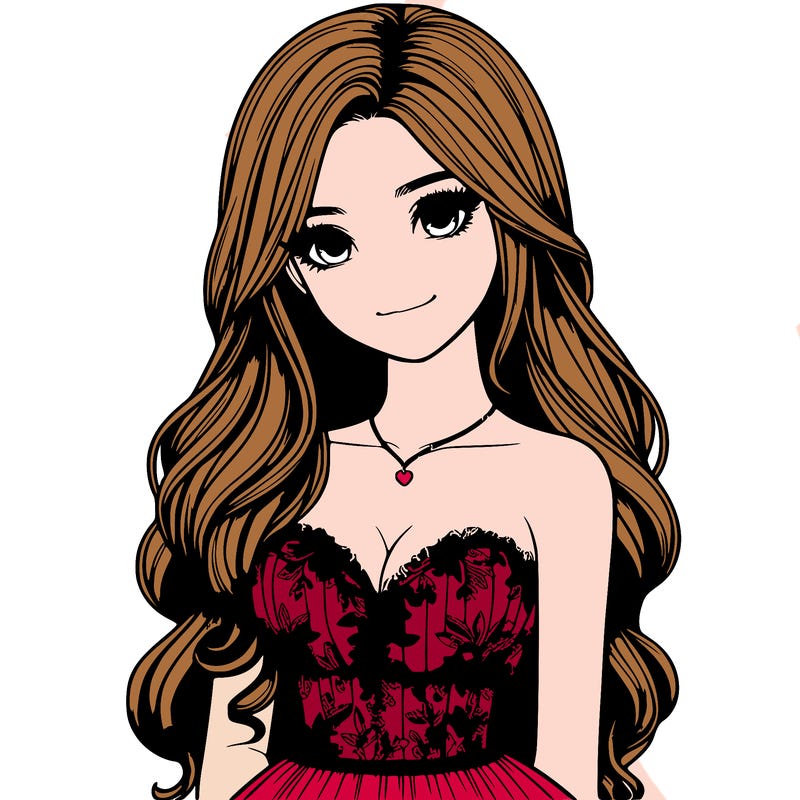 realistic girl with long hair and pretty prom dress