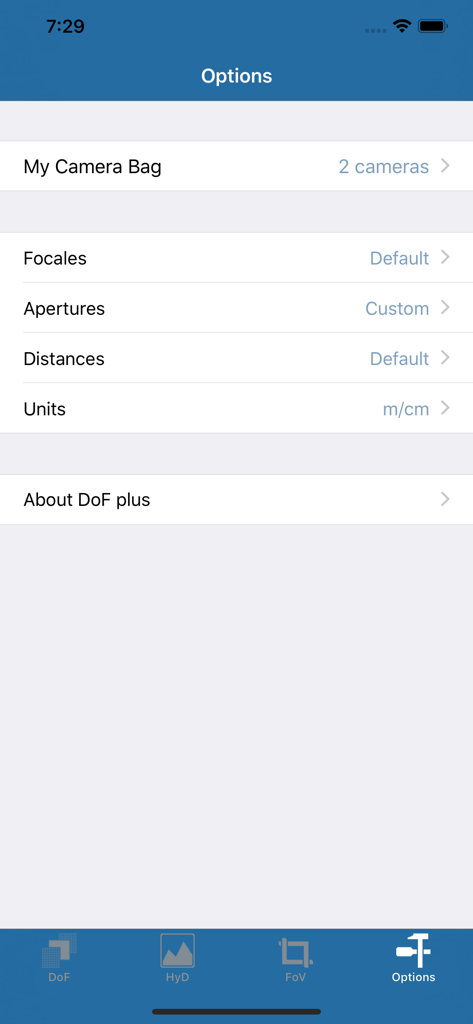 Optionsmenü der DoF plus App mit Einstellungen für meine Kameratasche, Brennweiten und Blenden