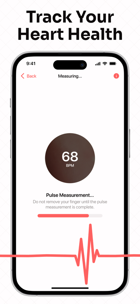 Blood Pressure. Health Tracker - Un écran d'application mobile affichant une mesure de pouls en cours avec 68 BPM.