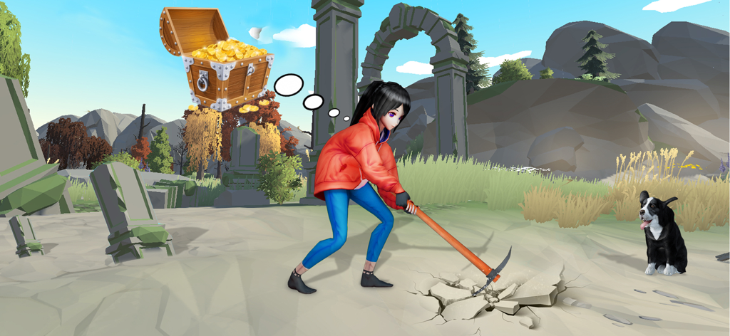 Anime Girl Love Life Simulator - Anime girl mining for treasure with her dog in a 3D simulator game
