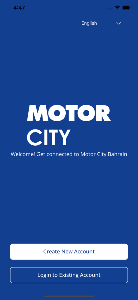 Motor City Bahrain - Startbildschirm der Motor City Bahrain App mit Optionen zur Erstellung eines neuen Kontos oder zur Anmeldung bei einem bestehenden Konto.