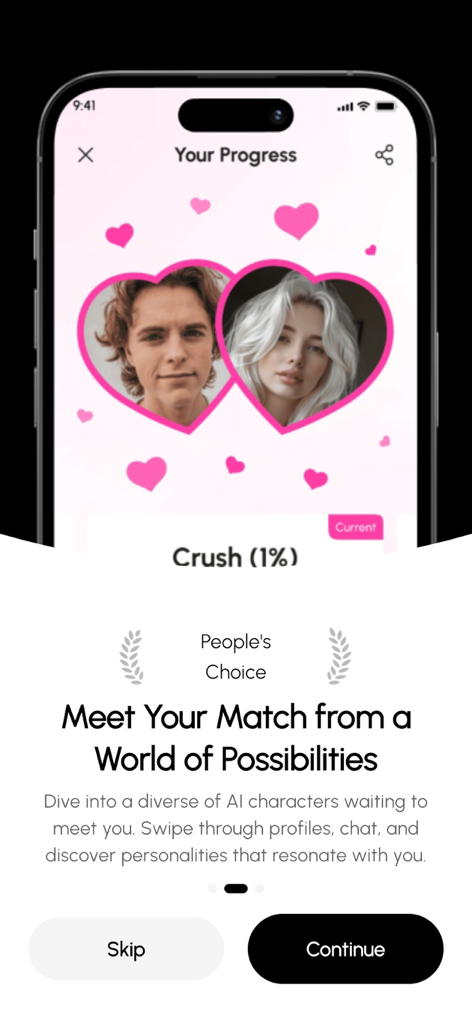 Heat. Ai Girlfriend Dating App - Onboarding screen of the Heat AI Girlfriend app showing relationship progress with an AI character profile
