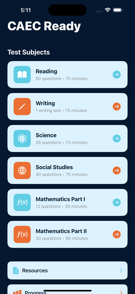 CAEC Ready - CAEC Ready app screen showing a list of test subjects including Reading, Writing, Science, Social Studies, and Mathematics.