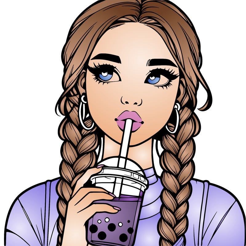 realistic girl with braided hair drinking boba