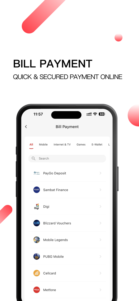 U-Pay - Interfaz de la aplicación móvil U-Pay que muestra opciones de pago de facturas para varios servicios móviles, de internet y de juegos.