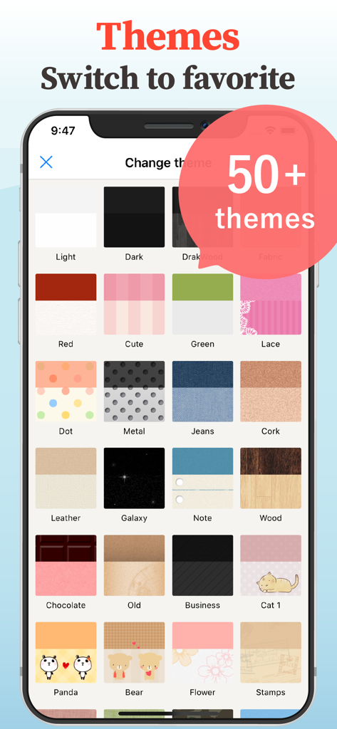 MyPics - A Powerful PhotoAlbum - A menu screen in the MyPics app showing over fifty custom background theme options including wood metal and cute patterns