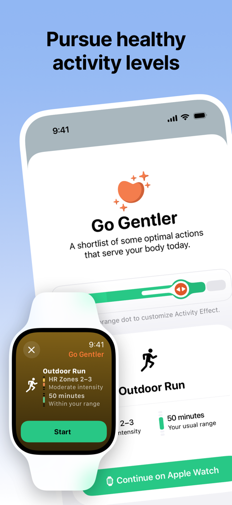 Gentler Streak Workout Tracker - Interfaz de la aplicación Gentler Streak que muestra sugerencias de entrenamiento personalizadas y niveles de actividad saludables en iPhone y Apple Watch