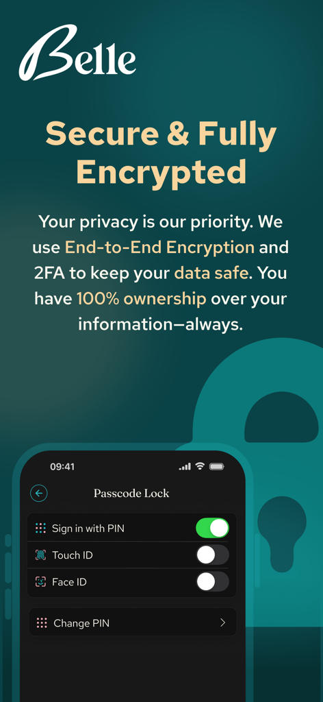 Belle : Period & PMDD Tracker - Belle app interface showing security features like end to end encryption and passcode lock options for data privacy