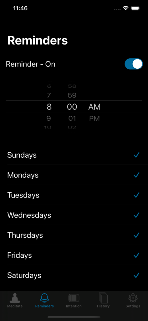 Lotus Bud Meditation Timer - Interface for setting daily meditation reminders at a specific time and frequency in the Lotus Bud app.