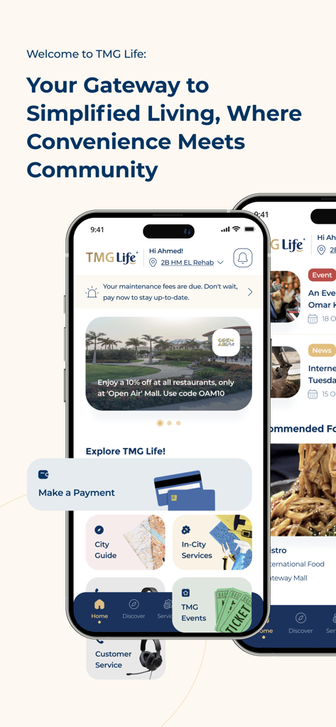 TMG Life - Pantalla de inicio de la aplicación TMG Life mostrando alertas de tarifas de mantenimiento, servicios de la ciudad y opciones de pago para residentes egipcios