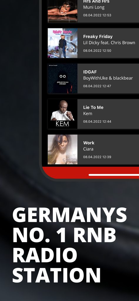 DEFJAY•The place to be in RnB - Ein Screenshot der DEFJAY App, der eine kuratierte RnB-Playlist und Werbetexte für Deutschlands beste RnB-Station zeigt.