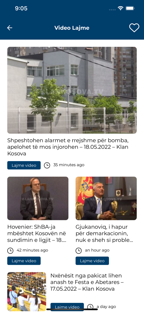 The Video Lajme screen of the Klan Kosova app showing a list of recent video news reports with headlines and thumbnails.