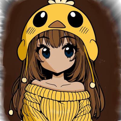anime girl with chick shaped hat with sweater with bare shoulders with bangs covering them one eye with low tail