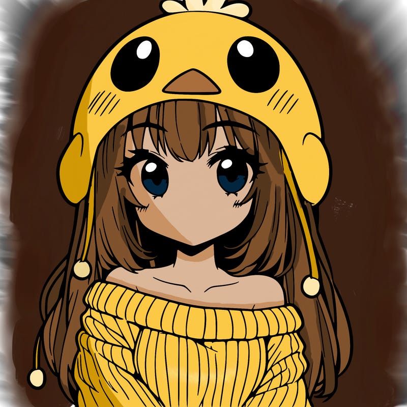 anime girl with chick shaped hat with sweater with bare shoulders with bangs covering them one eye with low tail