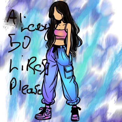 girl in baggy pants crop top and long hair