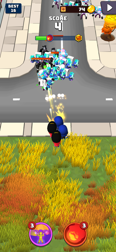 A team of superheroes shooting at a mob of colorful enemies in a top-down 3D action game environment