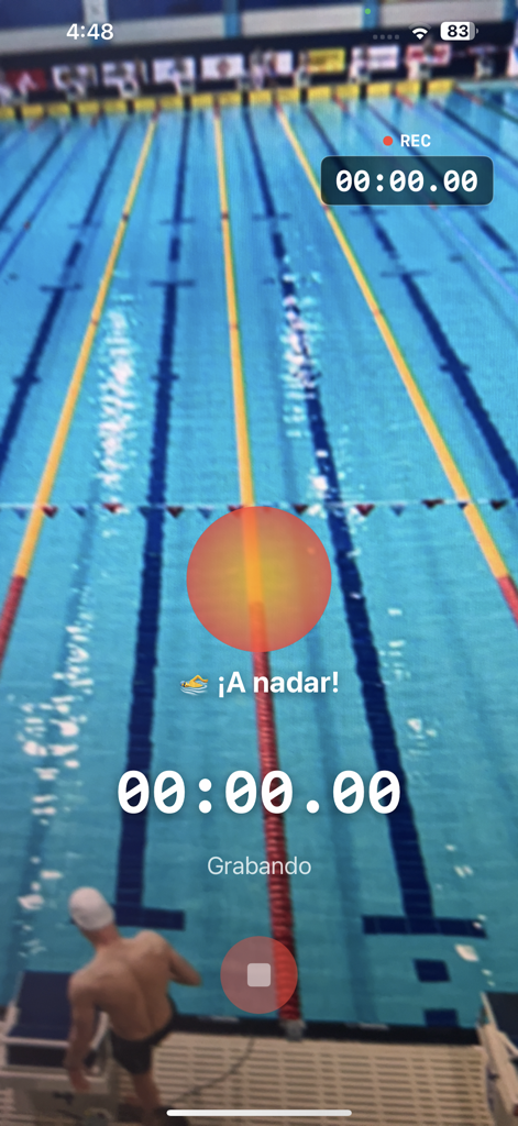 SwimCam - SwimCam app recording a swimmer at the pool with an integrated stopwatch
