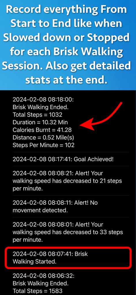 Brisk Walking Tracker - A detailed history log of a brisk walking session showing timestamps, steps, calories burnt, and speed alerts