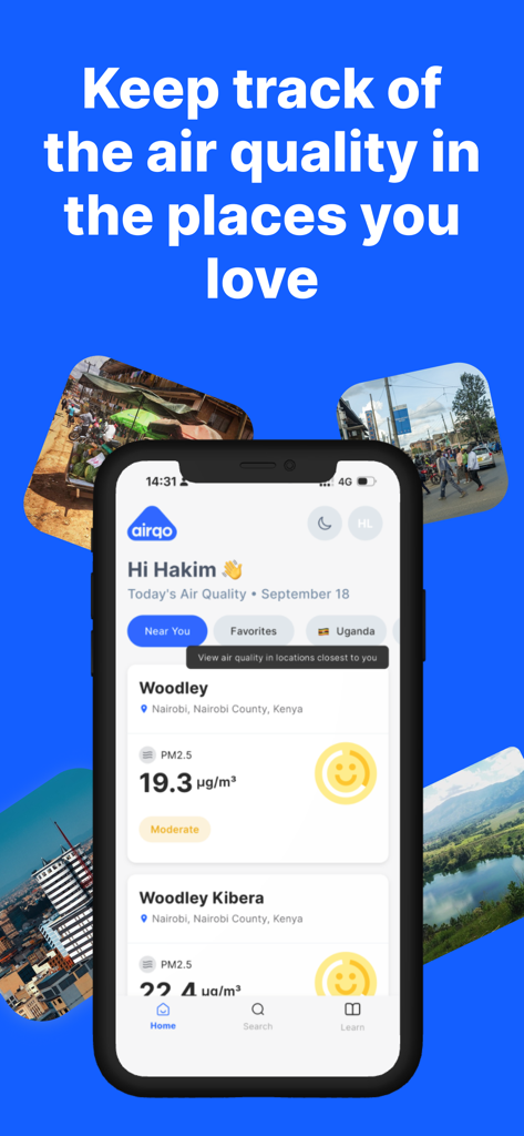 AirQo - Air Quality - Un smartphone affichant l'écran d'accueil de l'application AirQo avec les relevés de qualité de l'air pour Nairobi, Kenya