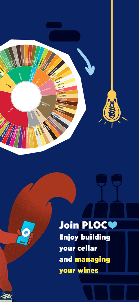 PLOC, you'll be wine - Promotional graphic for PLOC wine app featuring an aroma wheel and a mascot promoting cellar management features