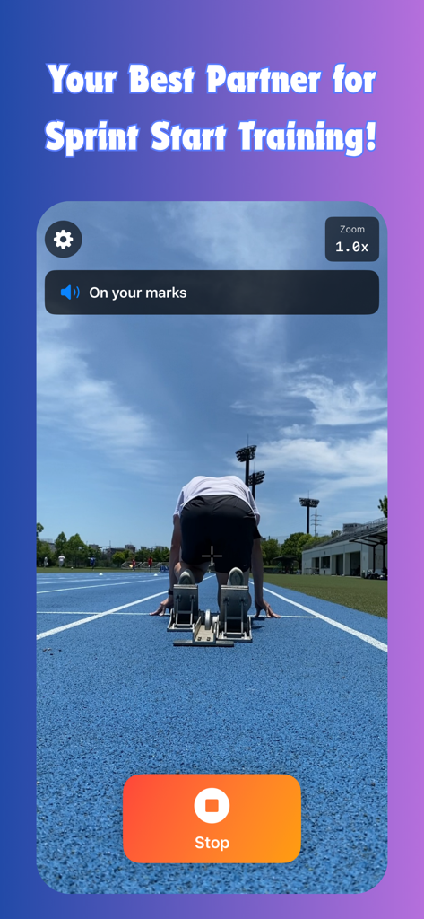 Sprint Start Recorder - Mobile app interface showing an athlete in starting blocks on a blue track with an On Your Marks audio cue overlay