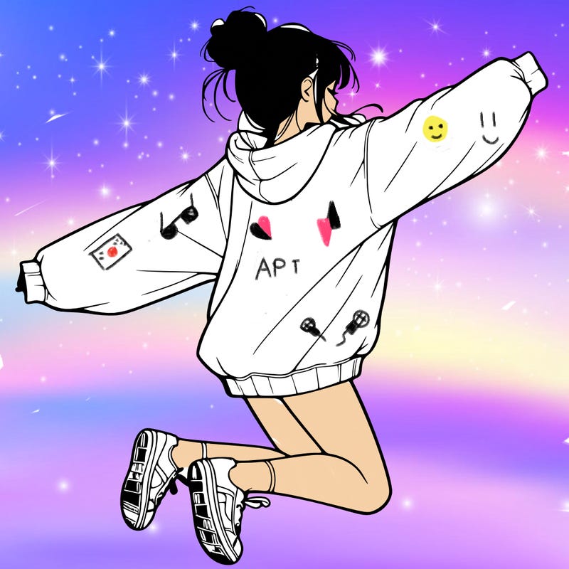 realistic girl jumping with a bun and oversized sweatshirt