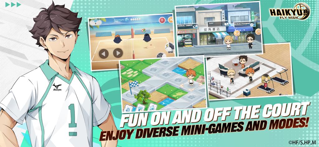HAIKYU!! FLY HIGH - Promotional graphic for HAIKYU FLY HIGH showcasing various mini games and modes including beach volleyball and base building with character Oikawa