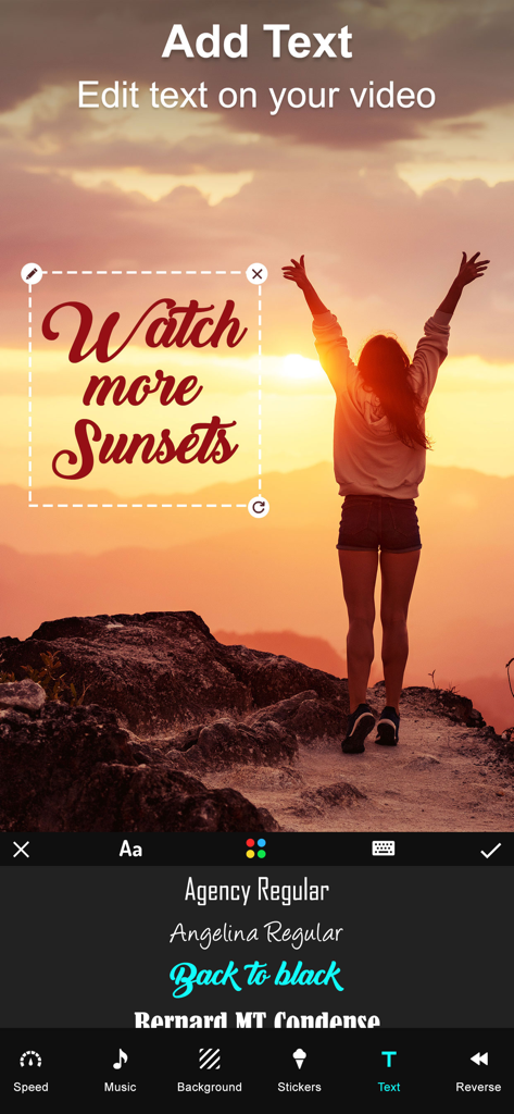 Interface of the Video Merger Pro app showing a text editor tool with a sunset video background and a list of available font styles